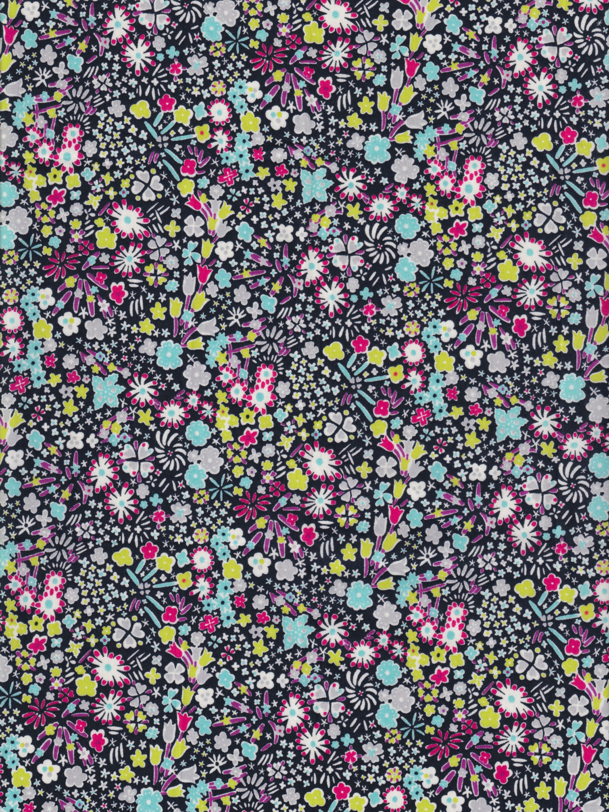 Kayoko is a dense floral pattern inspired by a design in a 1920s pattern book in the Liberty Fabrics archive. This discontinued colourway has pops of blue, acid green, pink, and purple on a black background.