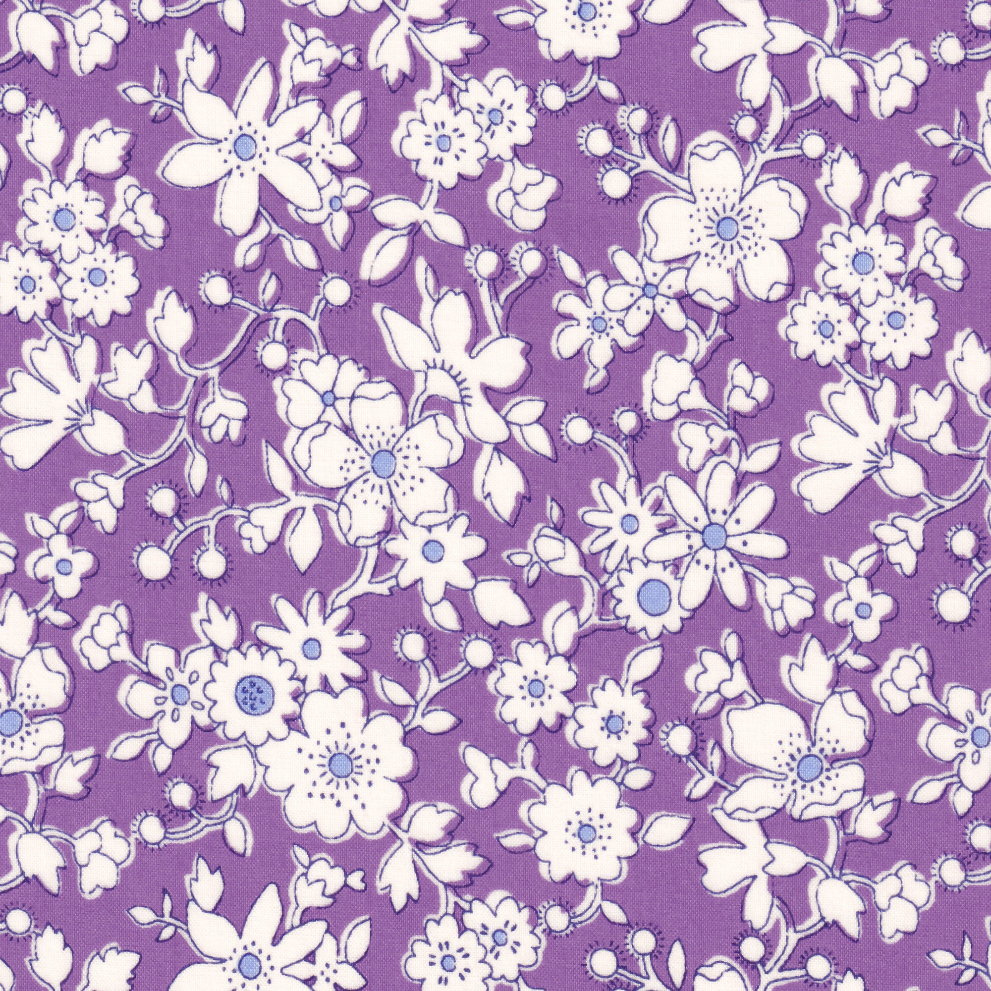 This Maddsie colourway from Liberty Japan's 2009 collection has pretty hand-drawn white flowers on violet purple background.