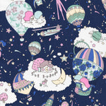 Looking through a telescope reveals a fantastical world of flying cars, hot air balloons, planets, and sparkling stars. "Sky High," created by Liberty's design studio for the 2018 Spring/Summer children's collection, celebrates the wondrous world and scenery seen through the eyes of a young child. In this new design in collaboration with Japanese brand Sanrio, Little Twin Stars explore this fantastical world and weave a dreamlike story.