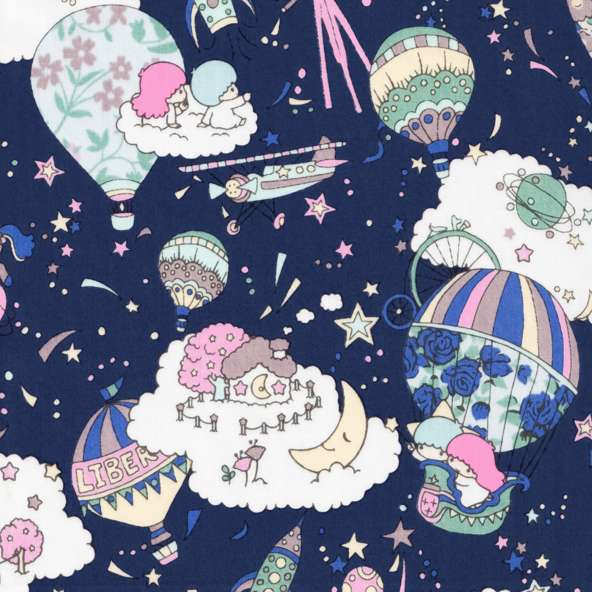 Looking through a telescope reveals a fantastical world of flying cars, hot air balloons, planets, and sparkling stars. "Sky High," created by Liberty's design studio for the 2018 Spring/Summer children's collection, celebrates the wondrous world and scenery seen through the eyes of a young child. In this new design in collaboration with Japanese brand Sanrio, Little Twin Stars explore this fantastical world and weave a dreamlike story.