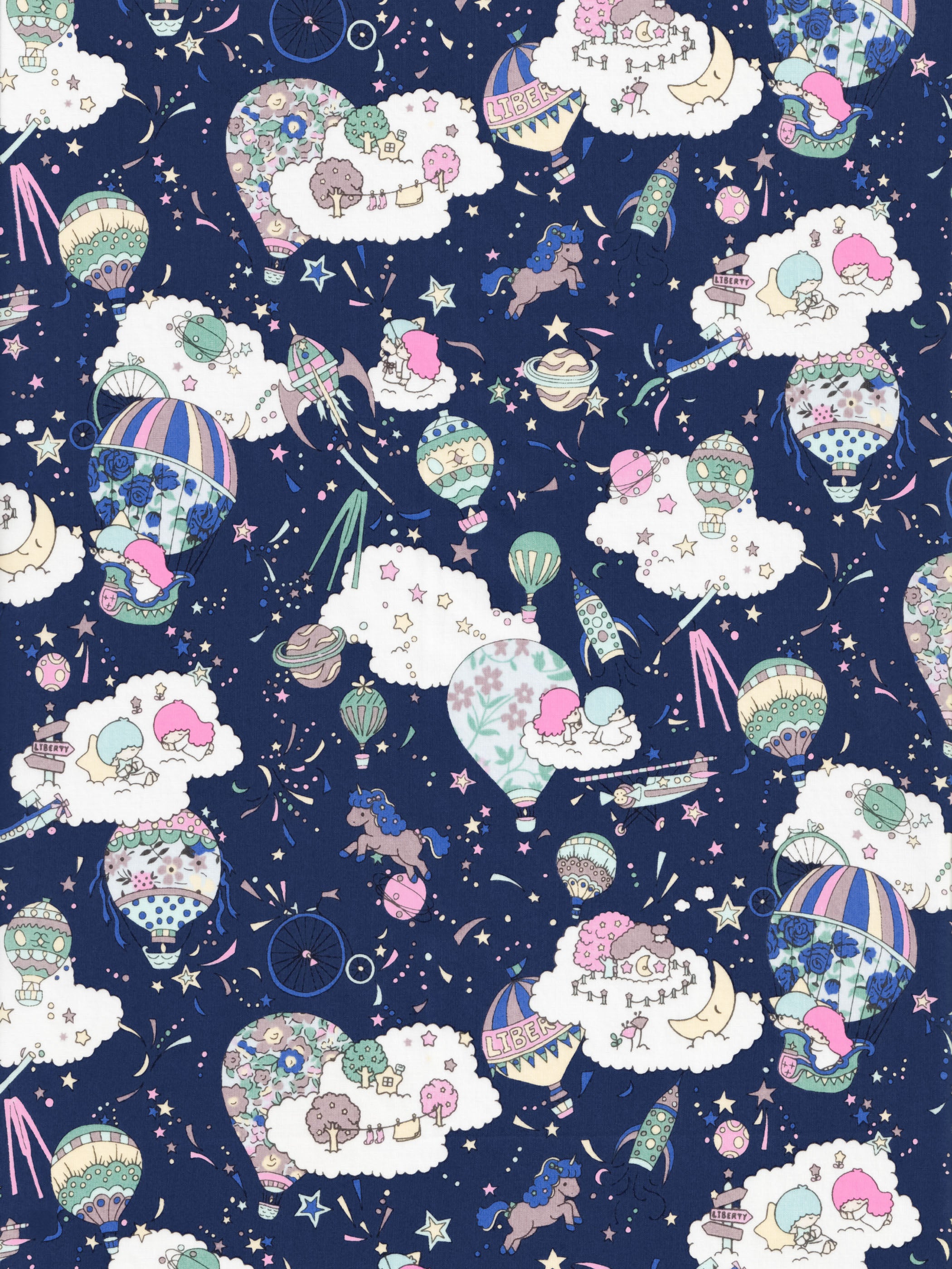 Looking through a telescope reveals a fantastical world of flying cars, hot air balloons, planets, and sparkling stars. "Sky High," created by Liberty's design studio for the 2018 Spring/Summer children's collection, celebrates the wondrous world and scenery seen through the eyes of a young child. In this new design in collaboration with Japanese brand Sanrio, Little Twin Stars explore this fantastical world and weave a dreamlike story.