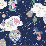 Looking through a telescope reveals a fantastical world of flying cars, hot air balloons, planets, and sparkling stars. "Sky High," created by Liberty's design studio for the 2018 Spring/Summer children's collection, celebrates the wondrous world and scenery seen through the eyes of a young child. In this new design in collaboration with Japanese brand Sanrio, Little Twin Stars explore this fantastical world and weave a dreamlike story.