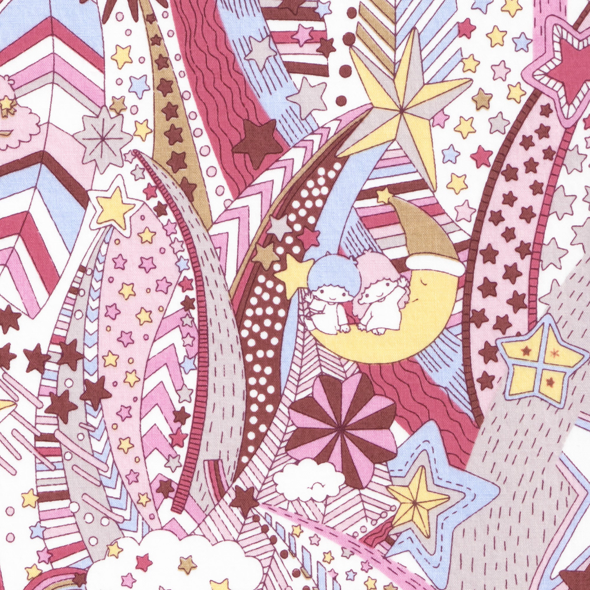 "My Little Star" features the Little Twin Stars flying through a sparkling night sky. The psychadelic print has pretty perry pinks, dusty blues and pale yellow.

From the Liberty Japan x My Melody & Little Twin Stars 50th Anniversary Collection.