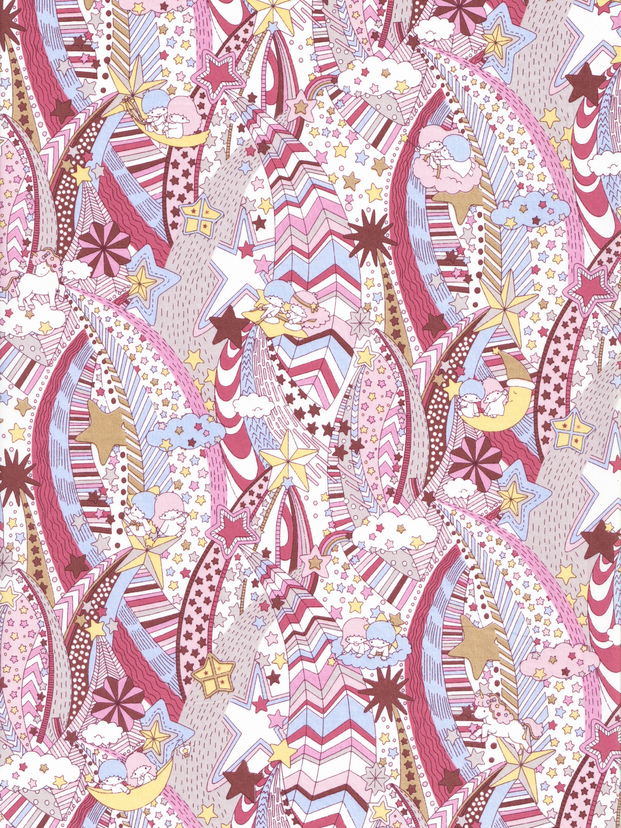 "My Little Star" features the Little Twin Stars flying through a sparkling night sky. The psychadelic print has pretty perry pinks, dusty blues and pale yellow.

From the Liberty Japan x My Melody & Little Twin Stars 50th Anniversary Collection.