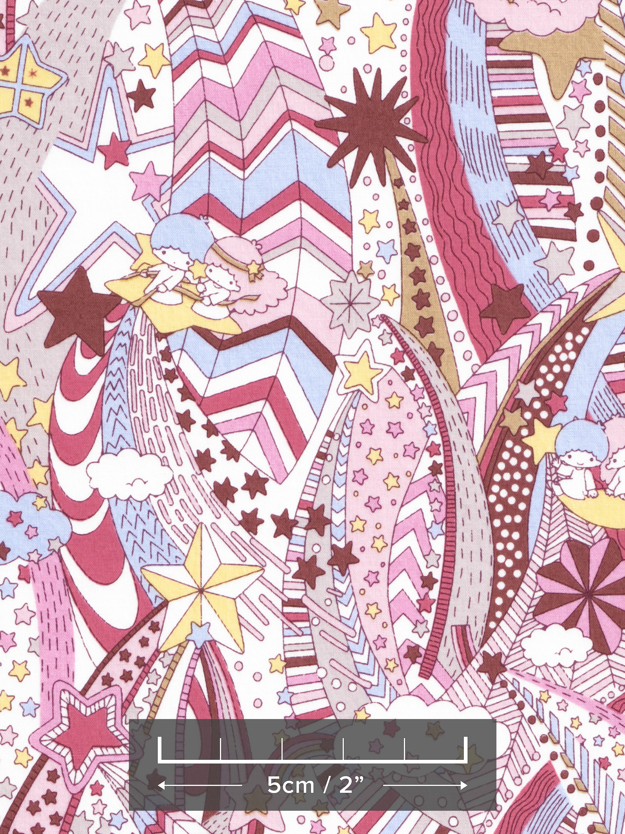 "My Little Star" features the Little Twin Stars flying through a sparkling night sky. The psychadelic print has pretty perry pinks, dusty blues and pale yellow.

From the Liberty Japan x My Melody & Little Twin Stars 50th Anniversary Collection.