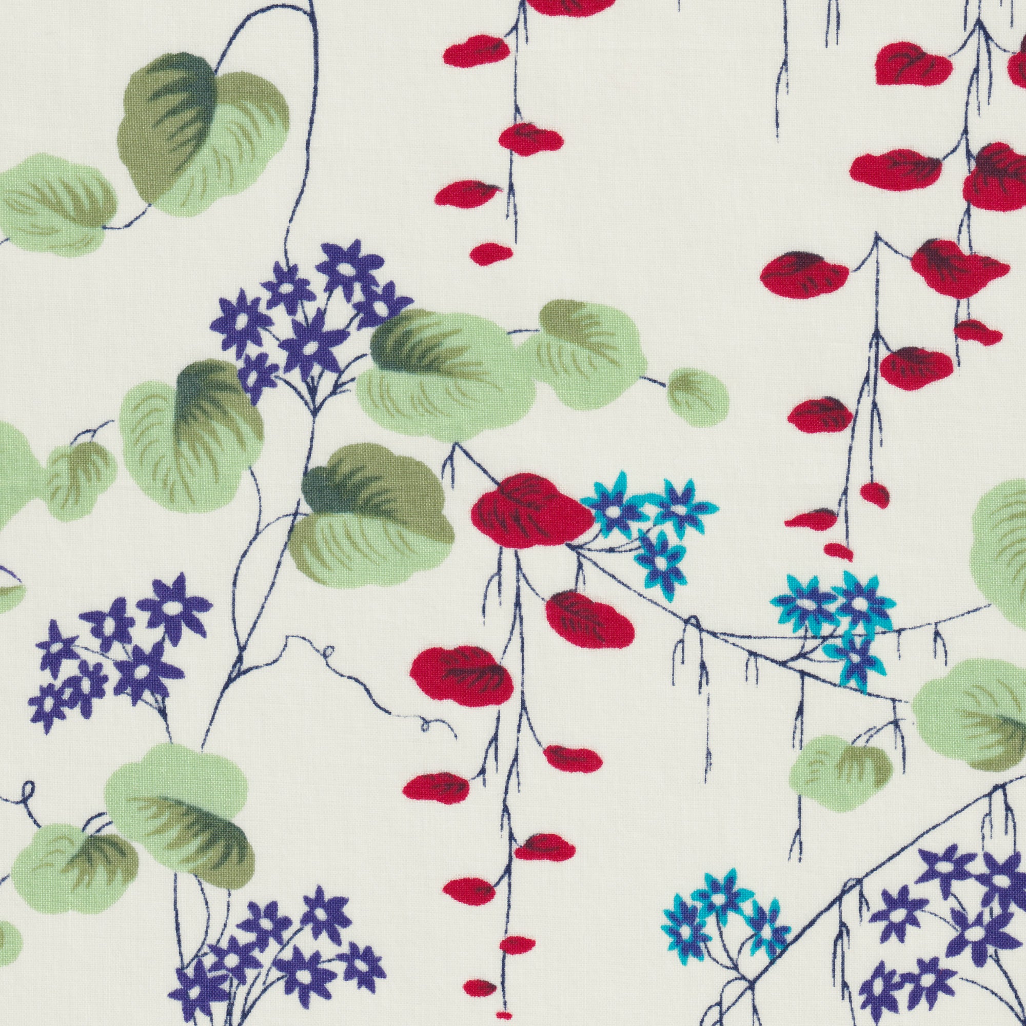 This is a stunning Liberty Japan unnamed vintage print from the early 2000s. The trailing floral has pops of blue, red, and green, on a cream background.