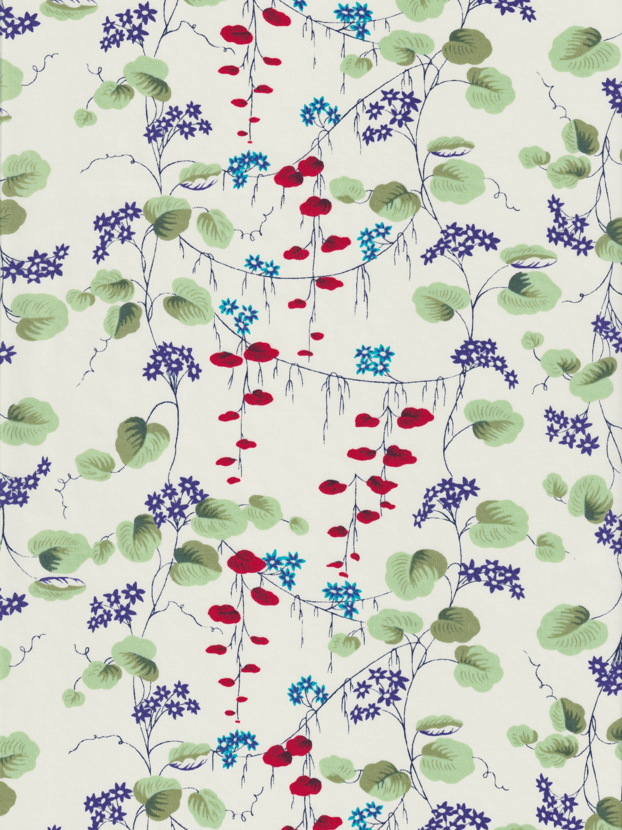 This is a stunning Liberty Japan unnamed vintage print from the early 2000s. The trailing floral has pops of blue, red, and green, on a cream background.