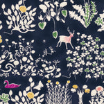 Yoshie is a novelty Liberty Japan print with cute woodland critters like stags, owls, and bunny rabbits. This print has metallic gold accents which are striking against the mottled navy background.